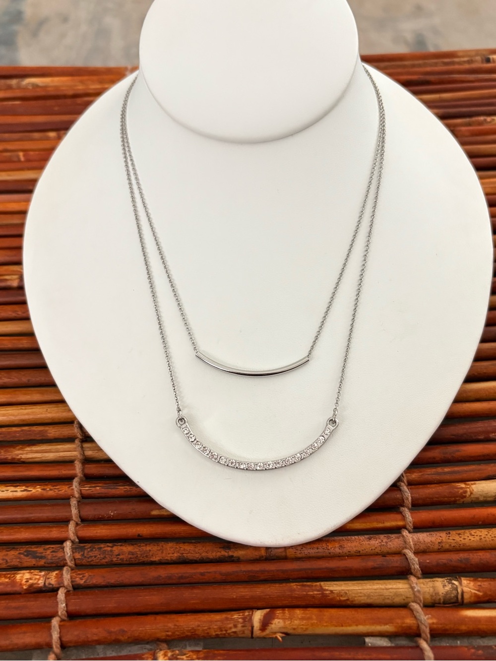 Premier Designs Silver Layered Curved Bar Necklace with Pavé Detail 16.5”-20”